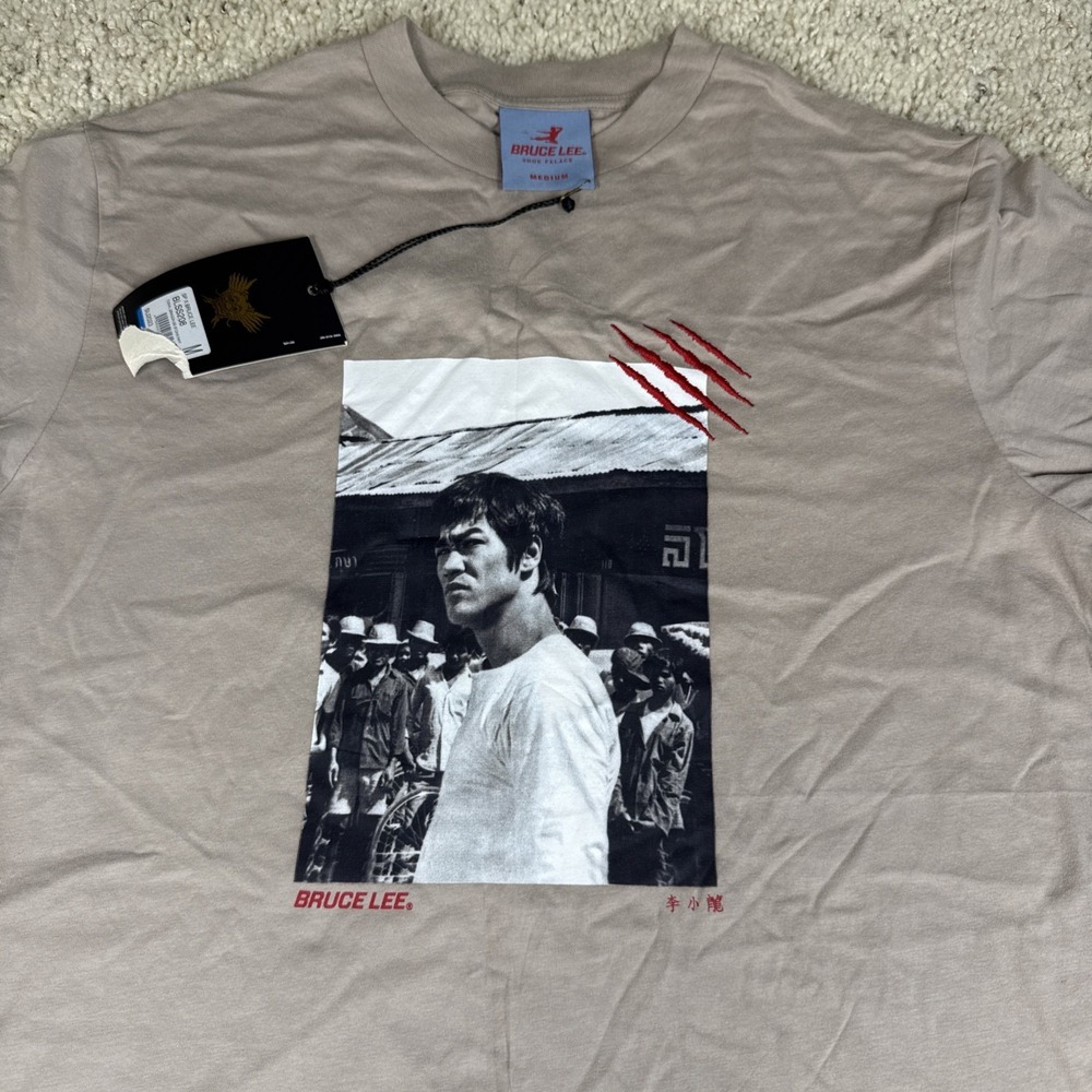 New Bruce Lee Shoe Palace Mens‎ Tan T-shirt Medium With Graphics And Embroidery